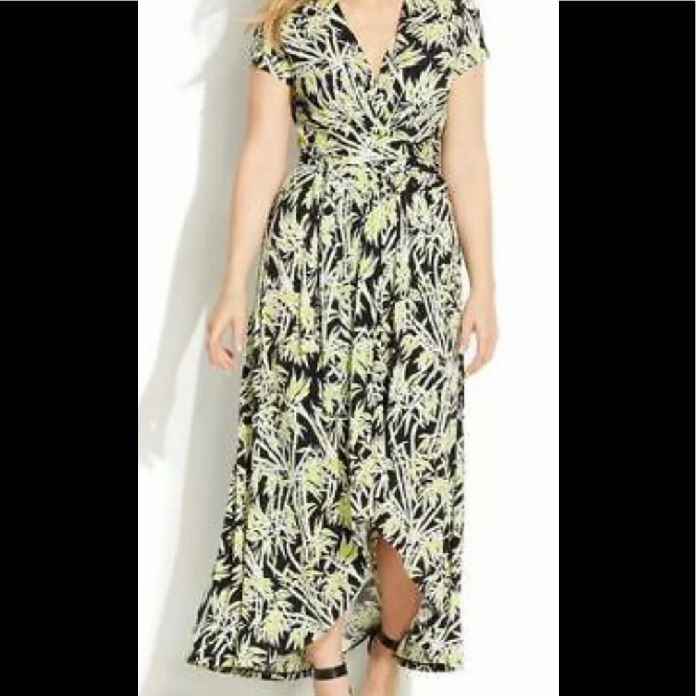 😍 MICHAEL Michael Kors Bamboo Print Pear Green High Low Faux Wrap Dress🎊 - Picture 1 of 11
